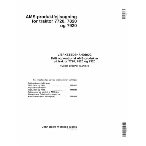 TM2896-DA John Deere 7720, 7820, 7920 trator pdf manual técnico DA