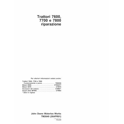 TM2649-IT John Deere 7600, 7700, 7800 tractor technical manual - all inclusive IT (TM2649)