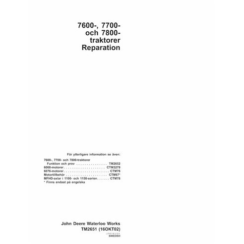 John Deere 7600, 7700, 7800 trator pdf manual técnico - tudo incluído SV - John Deere manuais - JD-TM2651-SV