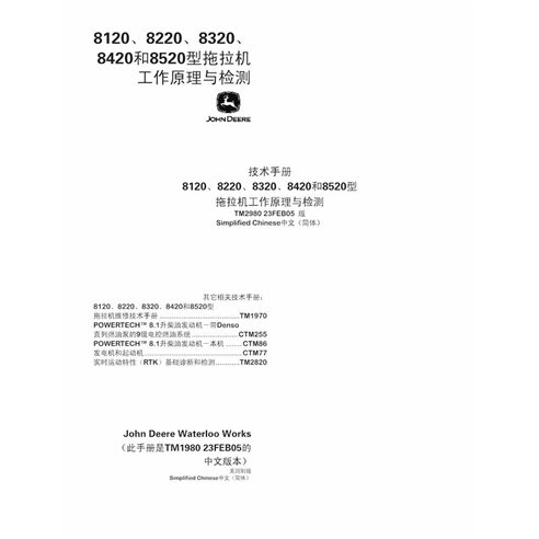 John Deere 8120, 8220, 8320, 8420, 8520 trator pdf manual de diagnóstico e testes CN - John Deere manuais - JD-TM2980-ZH