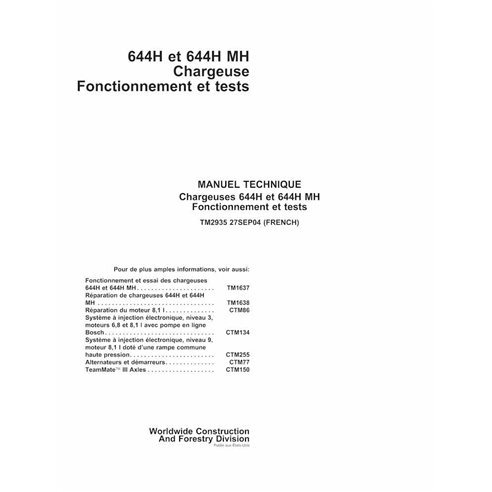 John Deere 644H, 644HMH loader pdf operação e teste manual técnico FR - John Deere manuais - JD-TM2935-FR