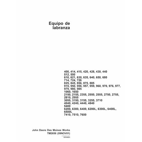 TM2656-ES Equipamento de lavoura John Deere 400 - 7600 pdf manual técnico ES