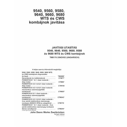 John Deere 9540, 9560, 9580, 9640, 9660, 9680 combine pdf manual técnico de reparação HU - John Deere manuais - JD-TM8178-HU