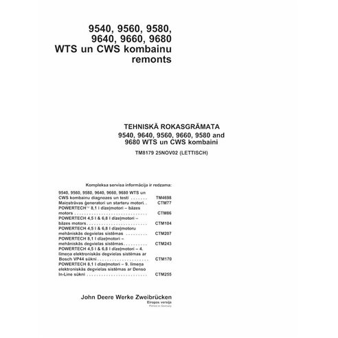 TM8179-LV Manual técnico de reparación de cosechadoras John Deere 9540, 9560, 9580, 9640, 9660, 9680 LV (TM8179)