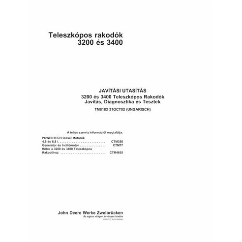 John Deere 3200, 3400 manipulador telescópico pdf manual de diagnóstico e reparo HU - John Deere manuais - JD-TM8183-HU