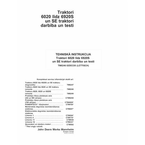 John Deere 6020, 6120, 6220, 6320, 6420, 6520, 6620, 6820, 6920 tractor pdf diagnosis and tests manual LV - John Deere manual...