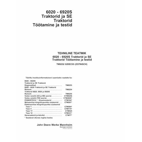 TM8252-ET Manuel de diagnostic et de tests des tracteurs John Deere 6020, 6120, 6220, 6320, 6420, 6520, 6620, 6820, 6920 ET (...