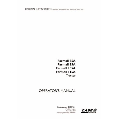 Case Farmall 85A, Farmall 95A, Farmall 105A, Farmall 115A tractor pdf operator's manual - Case manuals - CASE-51559261-EN
