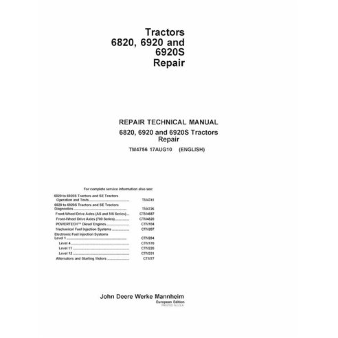 TM4756 Manual técnico de reparación de tractores John Deere 6820, 6920 y 6920S TM4756 (TM4756)