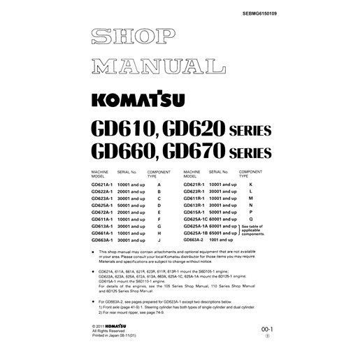 Komatsu GD610, GD620, GD660, GD670 Series niveladora pdf manual da loja - Komatsu manuais - KOMATSU-SEBMG6150109-EN