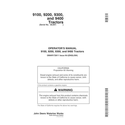 John Deere 9100, 9200, 9300, 9400 SN 30001 - 40000 trator pdf manual do operador