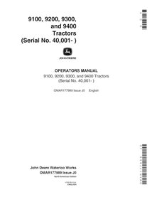 John Deere 9100, 9200, 9300, 9400 SN 40000 - manuel d'utilisation du tracteur pdf