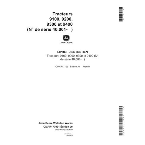 John Deere 9100, 9200, 9300, 9400 SN 40000 - trator pdf manual do operador FR