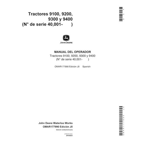 John Deere 9100, 9200, 9300, 9400 SN 40000 - manuel d'utilisation du tracteur pdf ES