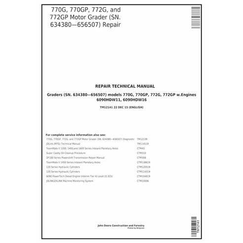 TM12141 John Deere 770G, 770GP, 772G, 772GP grader repair technical manual (TM12141)