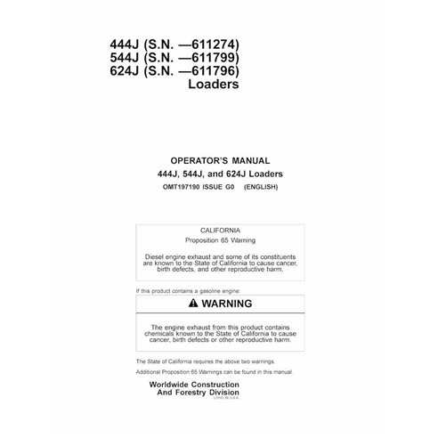 John Deere 444J, 544J, 624J pá carregadeira pdf manual do operador