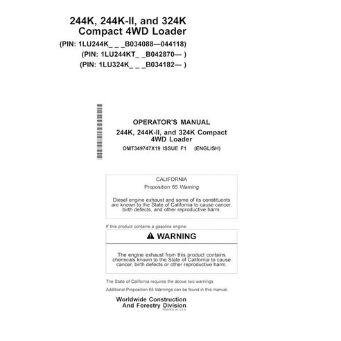John Deere 244K, 244K-II, 324K manual do operador em pdf