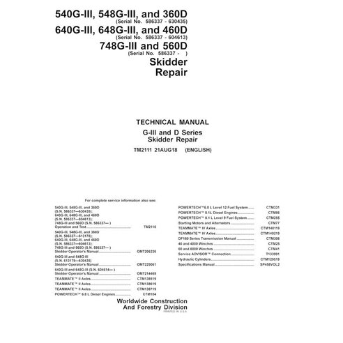 TM2111 John Deere 540GIII, 548GIII, 640GIII, 648GIII, 748GIII, 360D, 460D, 560D skid loader repair technical manual (TM2111)