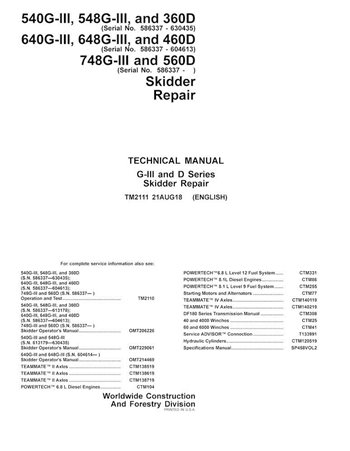 TM2111 John Deere 540GIII, 548GIII, 640GIII, 648GIII, 748GIII, 360D, 460D, 560D skid loader repair technical manual (TM2111)
