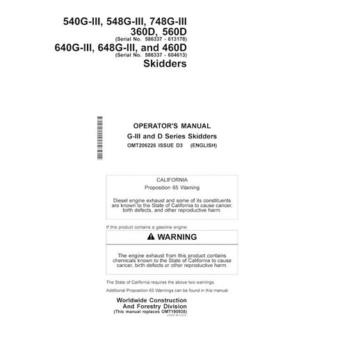 JD-OMT206226 John Deere 540G-III, 548G-III, 748G-III360D, 560D, 640G-III, 648G-III, and 460D skid loader operator's manual (O...