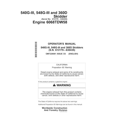 Manual do operador da minicarregadeira John Deere 540G-III, 548G-III e 360D (SN 613179-630435)
