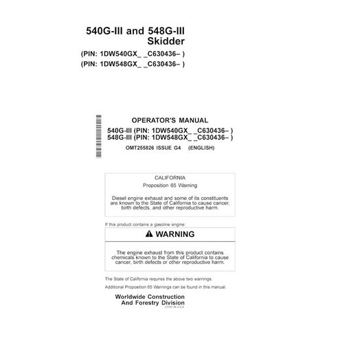 John Deere 540G-III, 548G-III PIN: 1DW54xGX_ _C630436- manual do operador em pdf da minicarregadeira