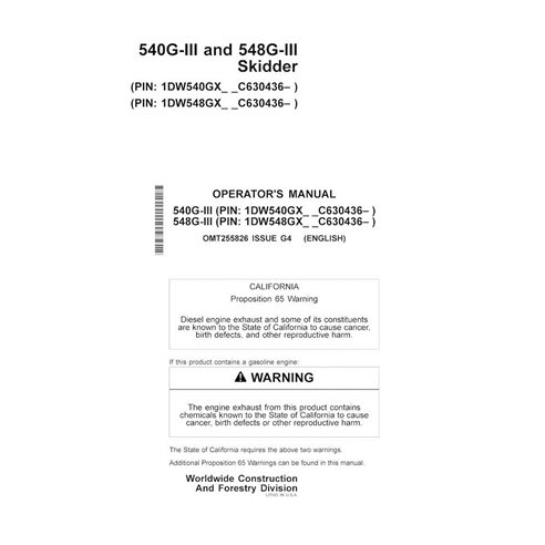 JD-OMT255826 John Deere 540G-III, 548G-III PIN: 1DW54xGX_ _C630436- skid loader operator's manual (OMT255826)