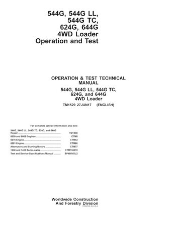 TM1529 John Deere 544G, 544G LL, 544G TC, 624G y 644G Manual técnico de operación y prueba en pdf de los cargadores