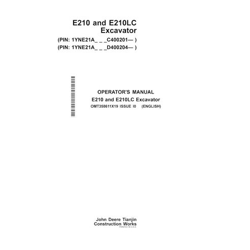 Manual do operador da escavadeira John Deere E210, E210LC pdf