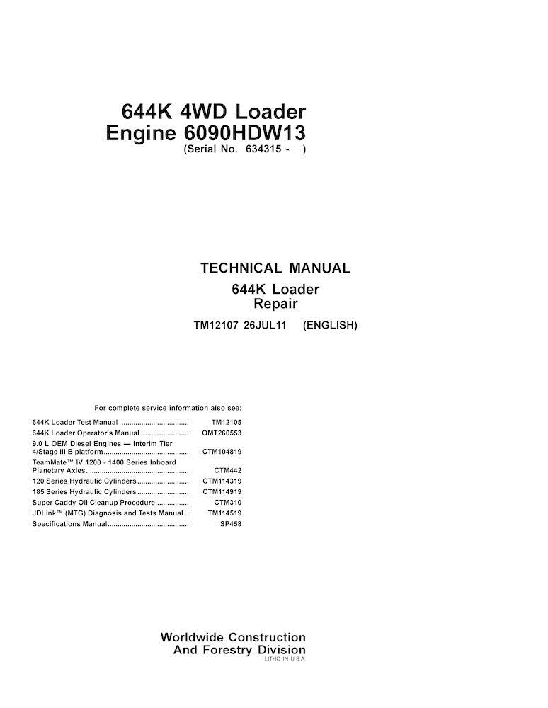 John Deere 644K loader pdf repair technical manual