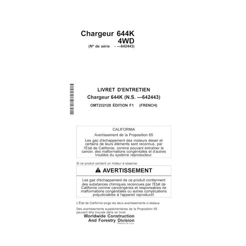 John Deere 644K SN -642443 carregador pdf manual do operador FR