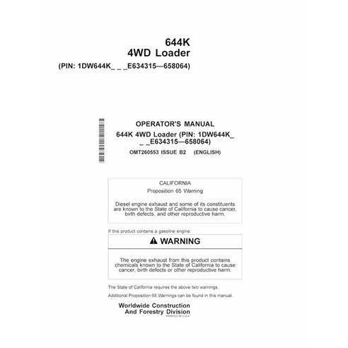John Deere 644K SN -658064 loader pdf operator's manual 