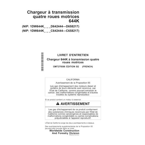 JD-OMT275086-FR John Deere 644K SN 642444-658217 loader operator's manual FR (OMT275086)