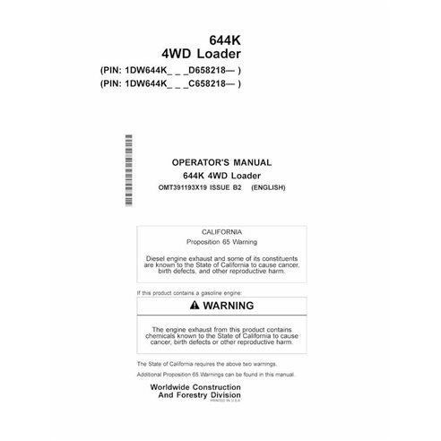 John Deere 644K SN 658218- manual del operador del pdf del cargador