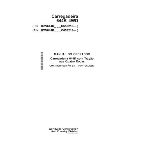 John Deere 644K SN 658218- manuel d'utilisation du chargeur pdf PT
