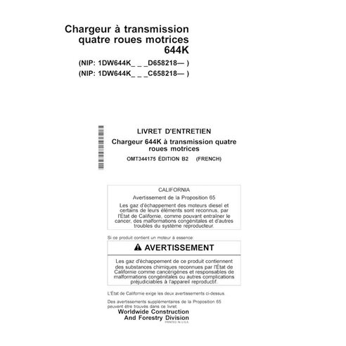 John Deere 644K SN 658218- chargeur pdf manuel d'utilisation FR