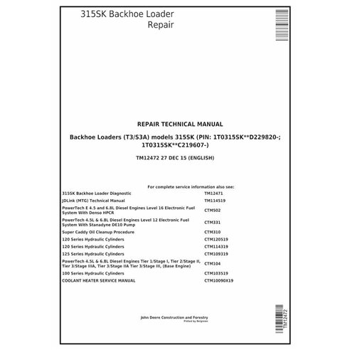 John Deere 315SK backhoe loader pdf repair technical manual 