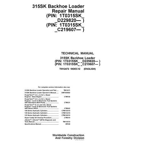 TM12472 John Deere 315SK backhoe loader repair technical manual (TM12472)