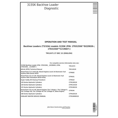John Deere 315SK backhoe loader pdf operation and test technical manual 