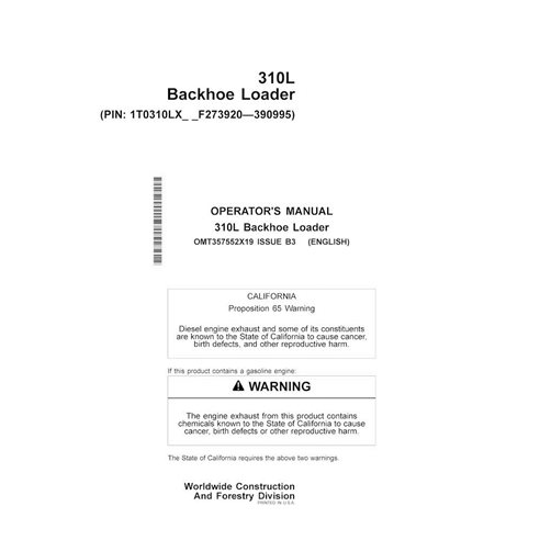 Manual do operador da retroescavadeira John Deere 310L pdf