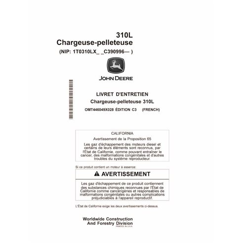 JD-OMT446049X028-FR John Deere 310L backhoe loader operator's manual FR (OMT446049X028)