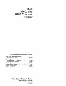 TM1433 John Deere 8560, 8760, 8960 trator pdf manual técnico de reparo