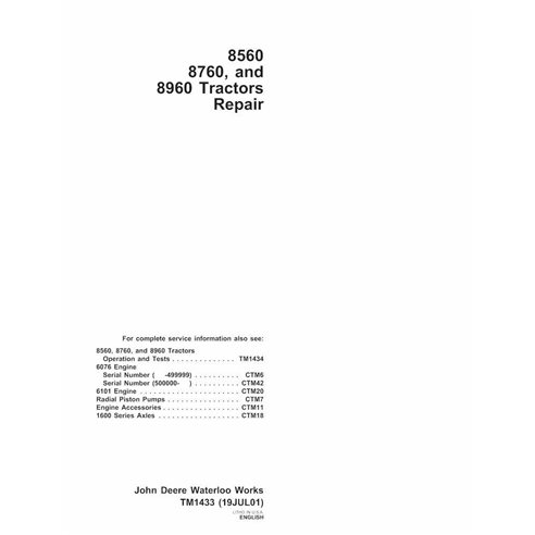 TM1433 Manuel technique de réparation des tracteurs John Deere 8560, 8760, 8960 (TM1433)