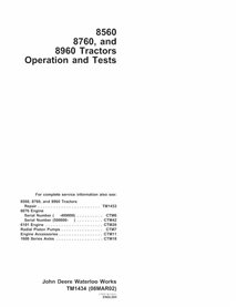 TM1434 John Deere 8560, 8760, 8960 trator pdf operação e teste manual técnico