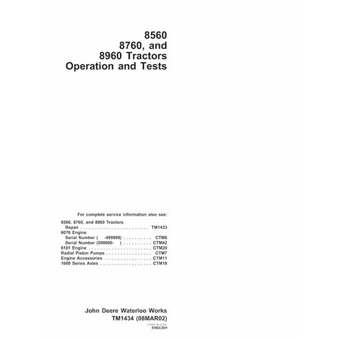 John Deere 8560, 8760, 8960 tracteur pdf fonctionnement et test manuel technique.