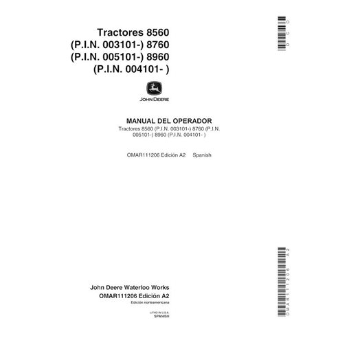 John Deere 8560, 8760, 8960 trator pdf manual do operador ES