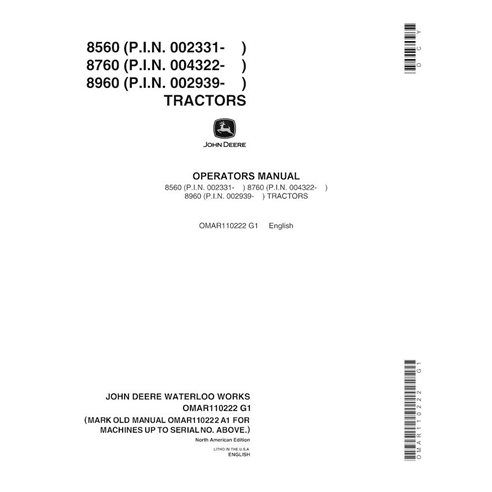 John Deere 8560, 8760, 8960 manuel d'utilisation du tracteur pdf