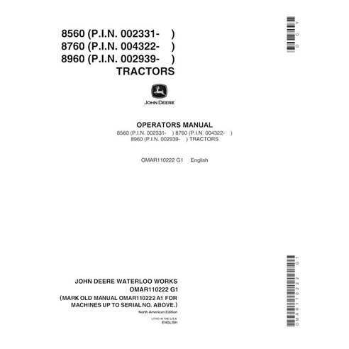 JD-OMAR110222 Manual do operador do trator John Deere 8560, 8760, 8960 (OMAR110222)