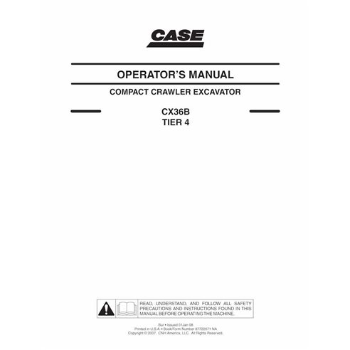 Pelle sur chenilles Case CX36B Tier 4 pdf manuel d'utilisation - Case manuels - CASE-87722071NA-EN