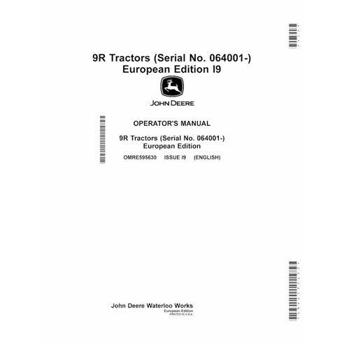John Deere 9370R, 9420R, 9470R, 9520R, 9570R, 9620R, 9R trator pdf manual do operador - John Deere manuais - JD-OMRE595630-EN